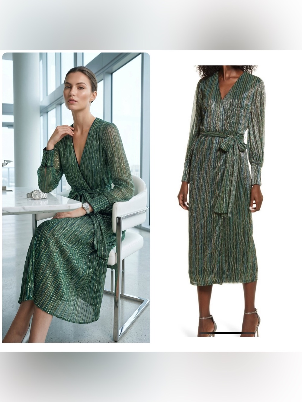 Harlyn Green Metallic Wrap Midi Dress with Belt!